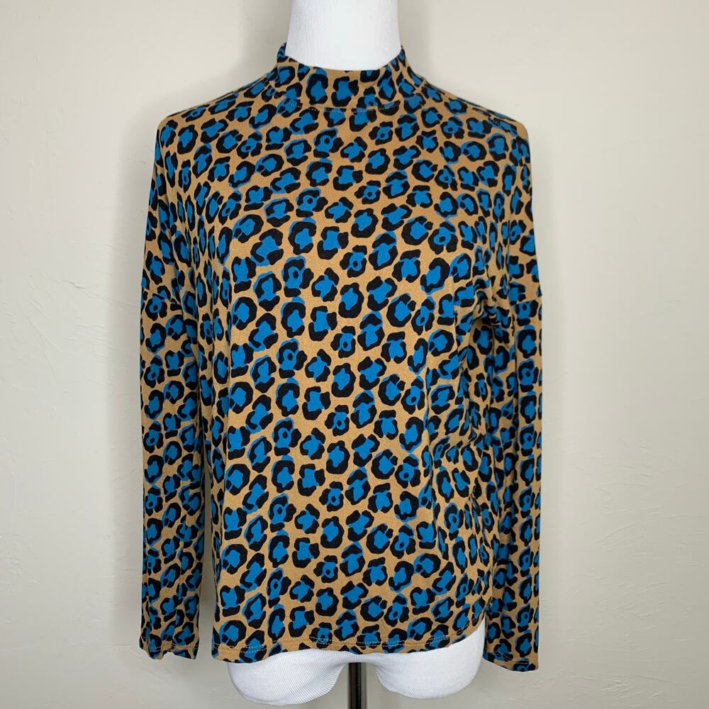 Topshop Cheetah Mock Neck Shirt Camel Black and Turquoise Sz 4